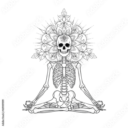 Meditating skeleton in a yoga lotus pose with an ornate floral mandala halo.