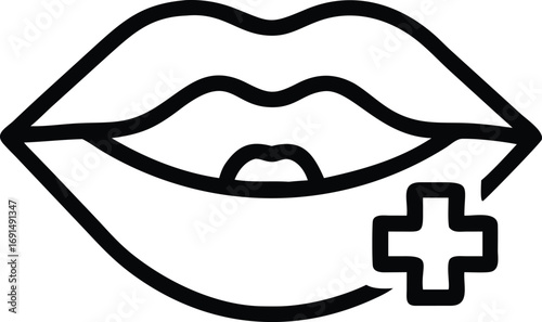 Black outline lips with plus symbol health care line art icon