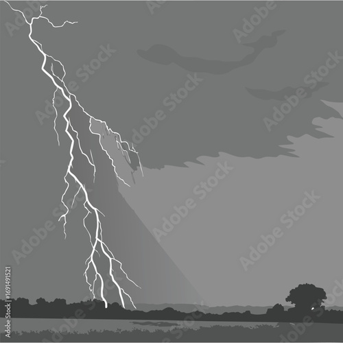 A powerful lightning strike illuminates the stormy sky over a dark landscape.