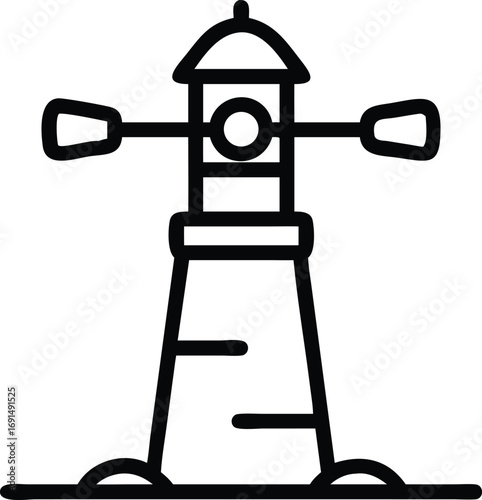 Black outline of a nautical lighthouse icon with a weathervane
