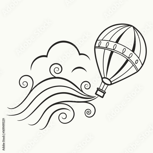 Stylized Hot Air Balloon Ascending Through Swirling Clouds.