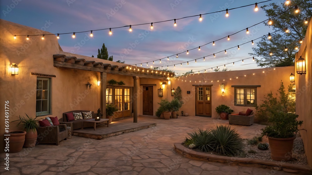 Fototapeta premium Courtyard patio lit with string lights at dusk in santa fe style