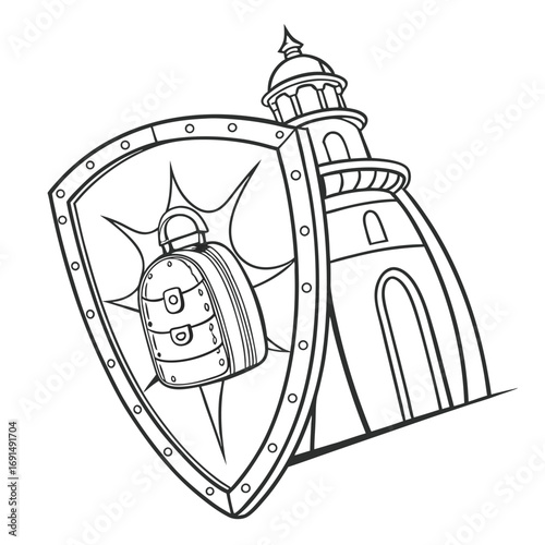 Medieval Shield with Lighthouse and Bell Illustration.