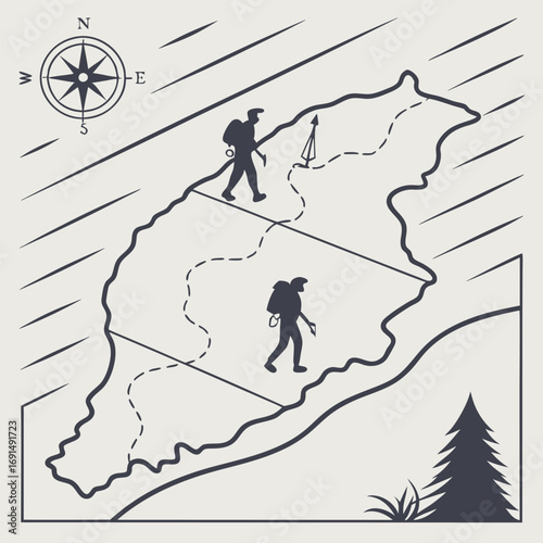 Hikers with backpacks navigating a trail on a stylized map.