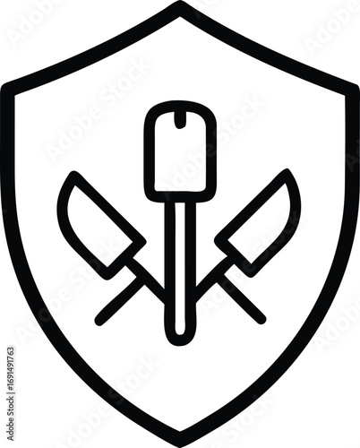 Black outline of kitchen knives and spatula inside shield, catering service icon