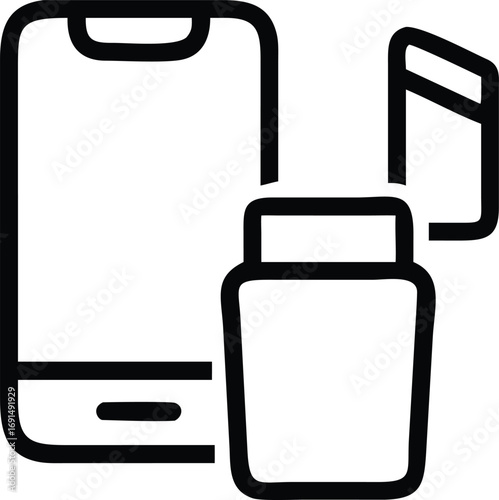 Black outline phone, credit card, and bank card for financial concepts