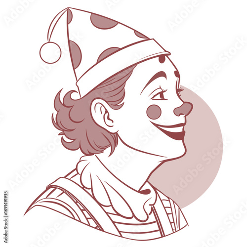 Vintage Clown Portrait with Polka Dot Hat and Red Nose.