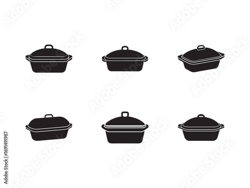Variety of Black Cooking Pots with Lids Representing Kitchenware and Culinary Arts Vector Graphic Design Element