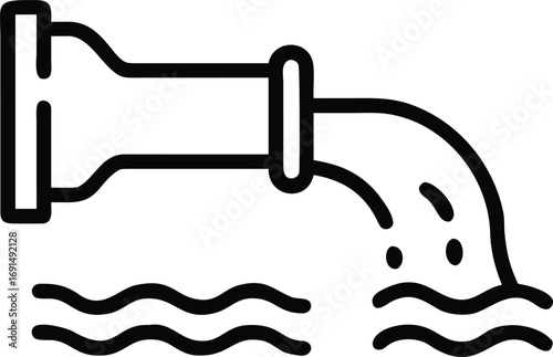 Black outline sewage pipe pouring waste liquid into water source icon