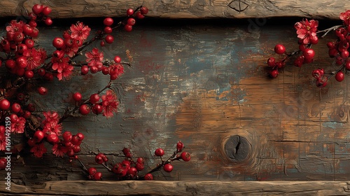 Rustic wooden background with old-world Christmas theme and red berry border, detailed texture. Ideal for holiday decorations, digital designs, festive projects, and seasonal promotions.