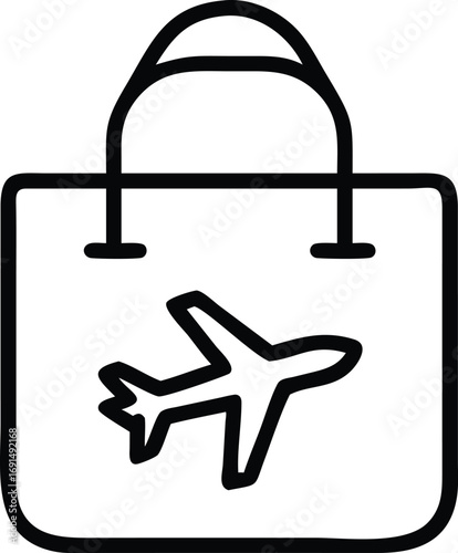 Black outline shopping bag icon with airplane symbol for travel concept