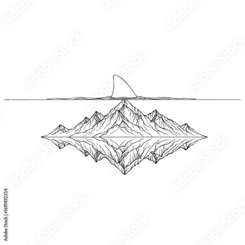 Surreal line art illustration of a shark fin above a submerged mountain range with its reflection.