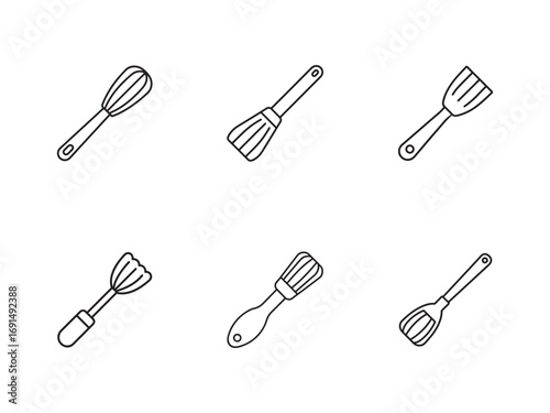 Variety of cooking utensils including whisks and spatula ideal for culinary arts and kitchenware illustrations minimalist outline design