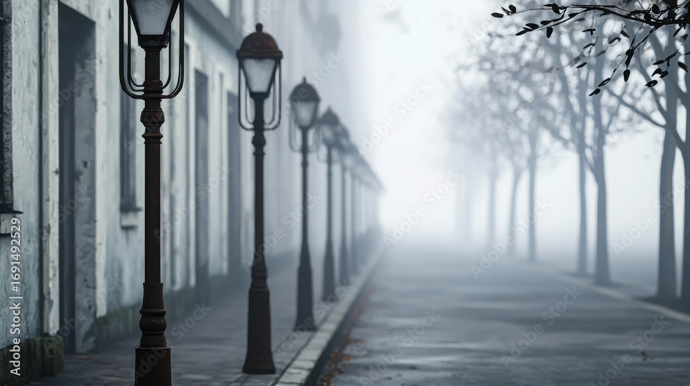 Fototapeta premium Serene Foggy Street with Vintage Street Lamps and Bare Trees, Evoking Mystery and Tranquility in a Dreamlike Atmosphere of a Quiet City