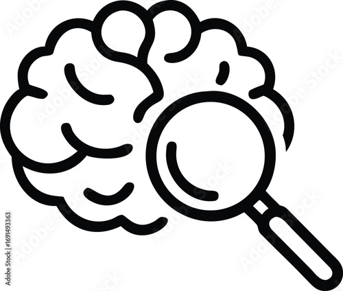 Brain with magnifying glass icon in simple black outline style vector