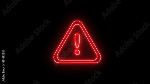 Red neon attention sign for design. Warning icon. Attention sign. report icon. Exclamation mark in triangle icon isolated on black background.	