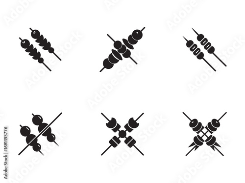 Vector Icon Set of Skewered Food Black Silhouette on White Background Different styles of meat and vegetable skewers