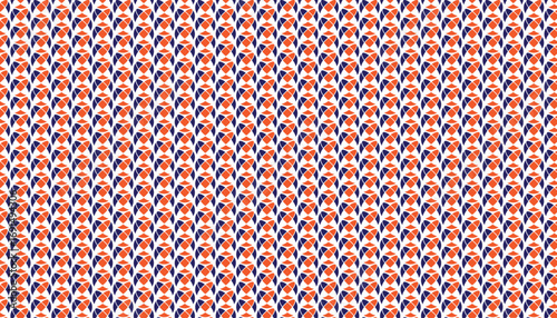 Repeating seamless pattern of orange and dark blue abstract shapes on white background