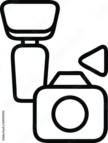 Camera with external flash and reflector outline style icon illustration