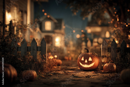 Smiling Halloween pumpkin lantern in front yard at night. Garden surroundings with pumpkins and warm lights for creative Halloween graphics.