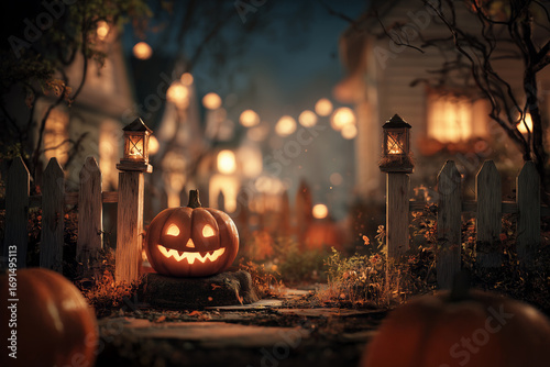 Smiling Halloween pumpkin lantern in front yard at night. Garden with warm lights. Base for creative Halloween graphics.