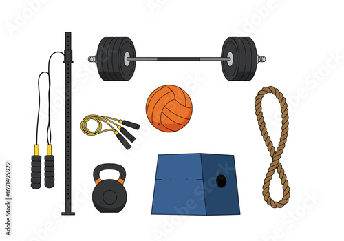Assorted Gym Equipment: Barbell, Ball, Ropes, Kettlebell, Jump Rope, and Plyo Box
