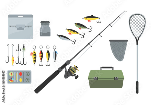 Fishing Equipment Set with Rod, Lures, Tackle Box, and Net for Angling Adventures