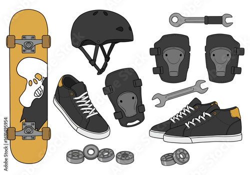 Skateboard Gear Collection with Helmet, Pads, Shoes, and Tools