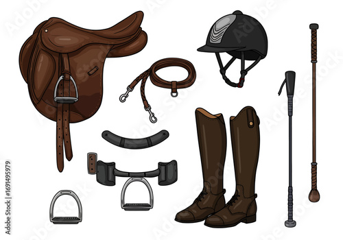 Equestrian Equipment Set: Saddle, Helmet, Boots, and Riding Accessories
