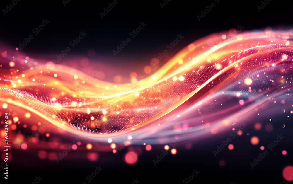 Fototapeta premium Dynamic glowing waves with colorful light effects and digital particles