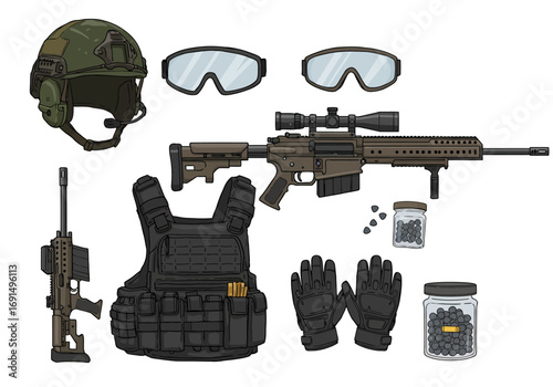 Tactical Gear Set: Helmet, Vest, Rifles, and Accessories for Military Operations