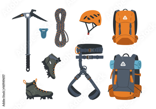 Climbing and Mountaineering Gear Set: Ice Axe, Rope, Helmet, Harness, Boots, Backpacks