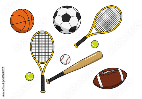 Assorted Sports Equipment: Balls, Rackets, and Bat for Various Games