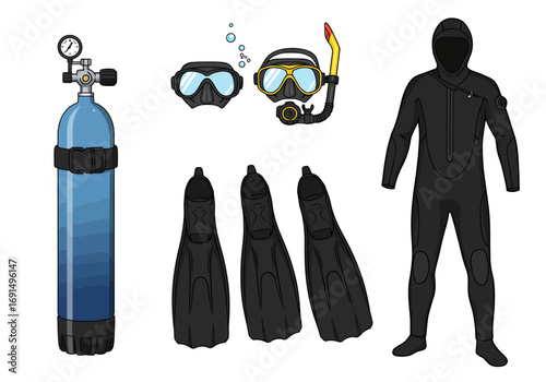 Scuba Diving Gear Set: Wetsuit, Tank, Fins, and Masks for Underwater Exploration