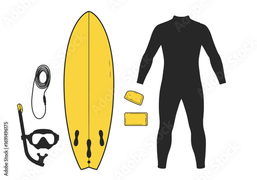 Surfing Equipment Set: Yellow Surfboard, Black Wetsuit, Mask, Snorkel, and Wax