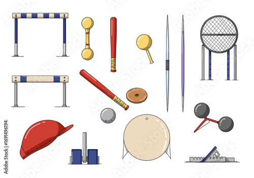 Collection of Track and Field Sports Equipment and Accessories Illustration