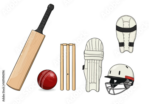 Cricket Equipment Set: Bat, Ball, Wicket, Pads, and Helmet