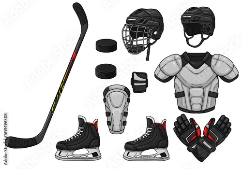 Hockey Equipment Set: Stick, Helmet, Pads, Skates, and Puck
