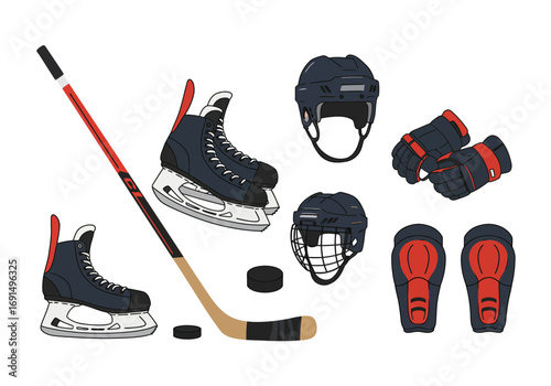 Hockey Equipment Set: Skates Stick Helmet Gloves and Pads.