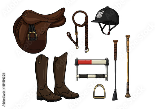 Equestrian Equipment Set: Saddle Bridle Helmet Boots Jump and Riding Crops.