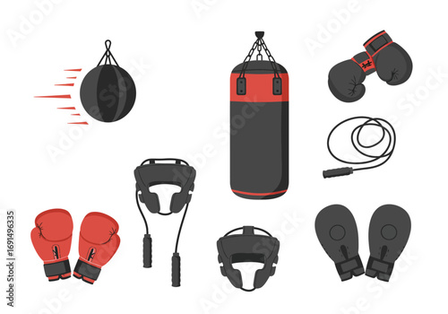 Boxing Equipment Set: Punching Bags Gloves Headgear and Jump Rope.