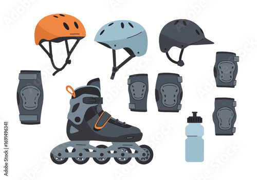 Roller Skating Safety Gear: Helmets, Pads, Skates, and Water Bottle Illustration