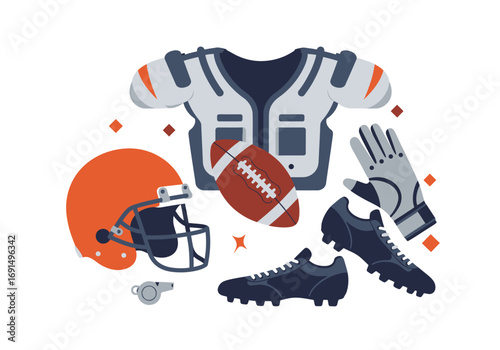 American Football Gear: Helmet, Pads, Ball, Gloves, Cleats, Whistle