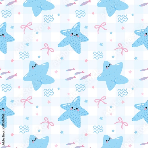 Funny Starfish Booty Pattern Cute Ocean Themed Background with Pink Bows and Sea Creatures