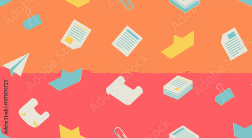 Colorful pattern of office supplies and paper airplanes on a textured background.