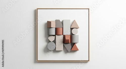 Abstract geometric shapes in terracotta and concrete, isolated on white background