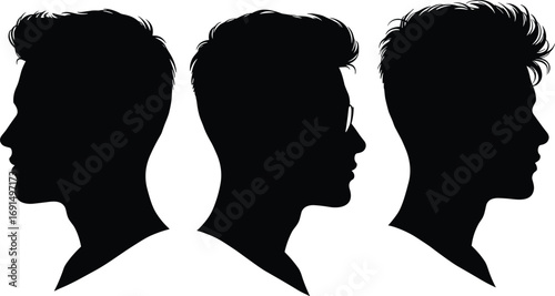 Silhouette of Young Male Heads in Profile View, Stylish Haircuts, Black Vector Illustration for Design, Identity, Concept Art and Branding