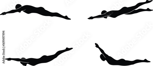 Swimmer silhouette vector collection, swimming athlete dive action poses, professional swimmer exercising, sport fitness training, aquatic movement illustration set