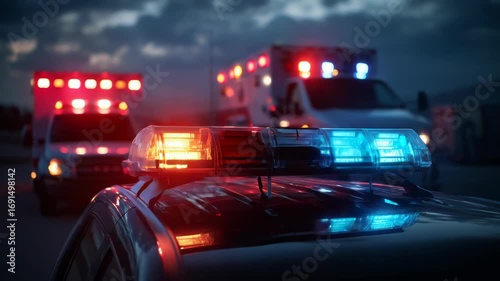 Emergency vehicles flashing lights at night with ambulance and police car