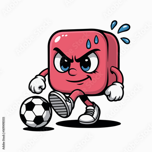 Illustration of pink cube character playing soccer with determined face sweating and kicking ball for sport